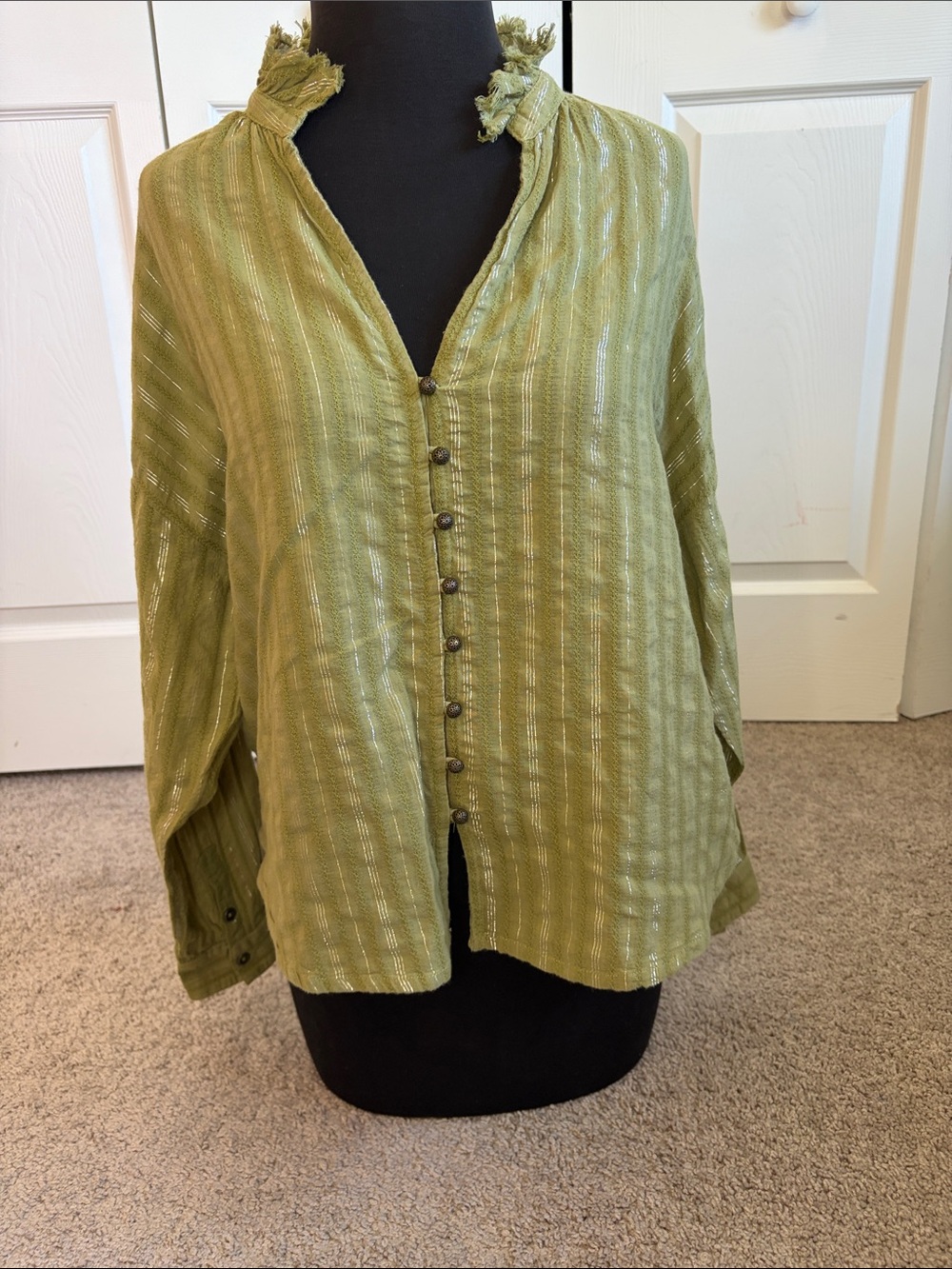 Anthropologie Pilcro Olive Green Silver Metallic Stripe Button-Up Top S Cotton